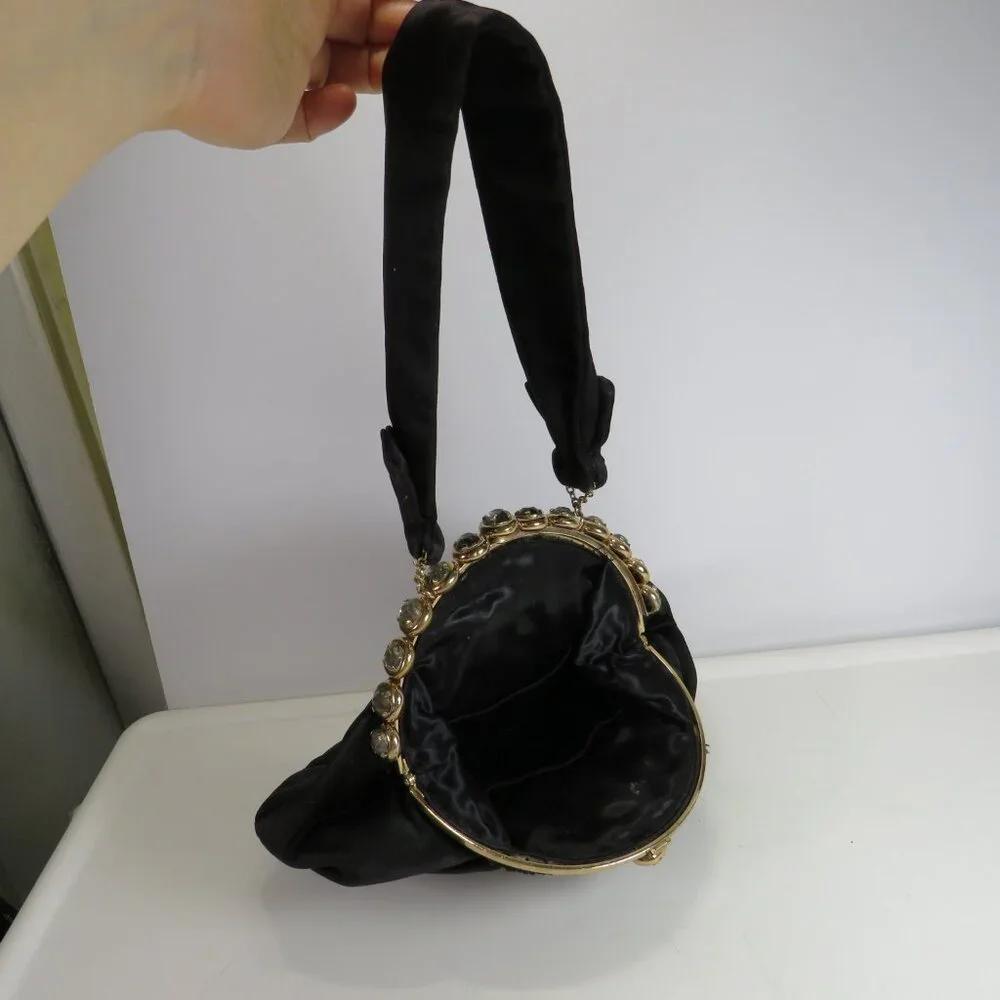 Vintage 1950s Black Satin Pouf Bag with Jeweled Frame Evening Bag Formal Costume